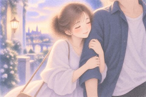 相手の腕に抱きつき安心する女性