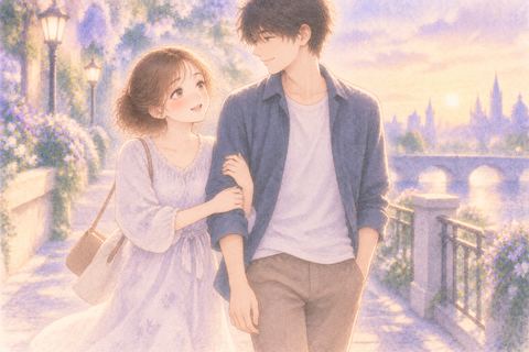 腕を組み歩調を合わせて歩く二人