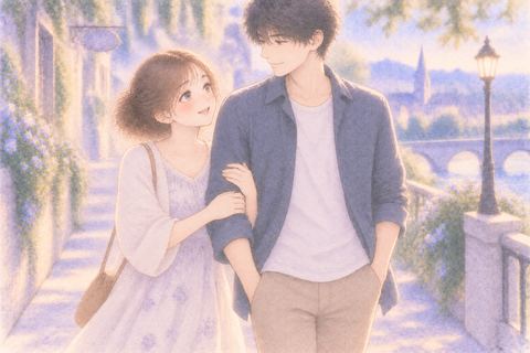 異性と腕を組み穏やかに歩く女性