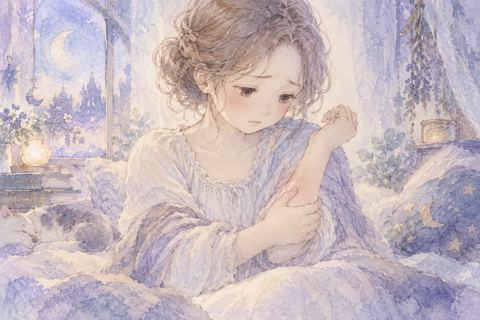 腕をかばい不安そうにする女性