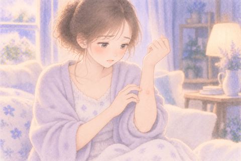 腕の小さな水ぶくれを気にする女性