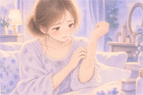 腕の発疹を気にして見る女性
