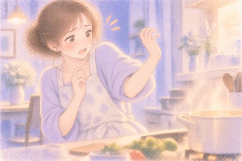 熱から腕を引き離す女性