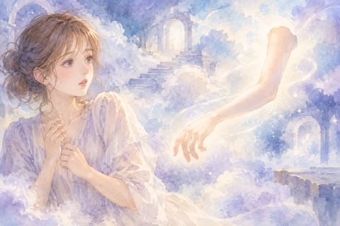 夢の空間に浮かぶ一本の腕を見る女性