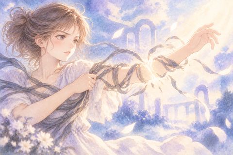 自分の腕を光の境目から離そうとする女性
