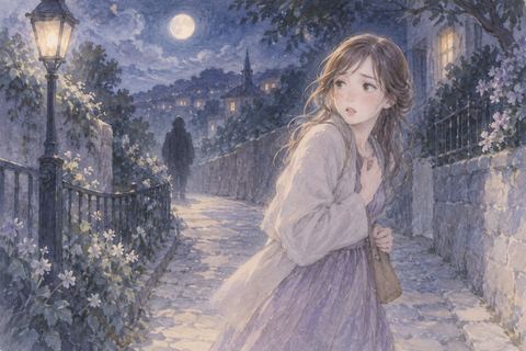 夜道で見知らぬ人物から距離を取る女性