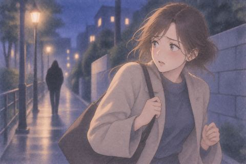 背後の人影を気にして急ぐ女性