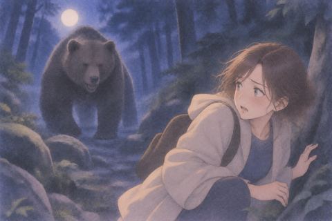 大きな熊から逃げ道を探す女性