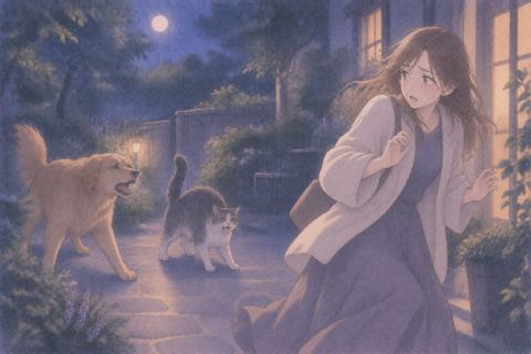 警戒する犬と猫から離れる女性