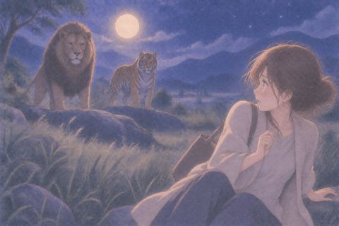 虎とライオンの迫力に圧倒される女性