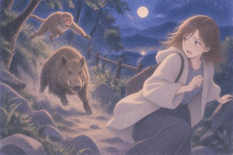 猿とイノシシの勢いを避ける女性