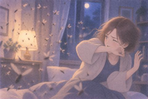 大量の小さな虫から身を守る女性