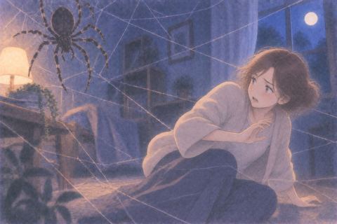 大きな蜘蛛と糸から離れようとする女性