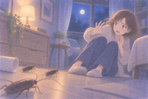 近づくゴキブリから距離を取る女性
