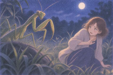 大きなカマキリを警戒する女性