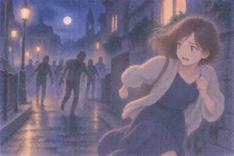 遠くのゾンビの群れから逃げる女性