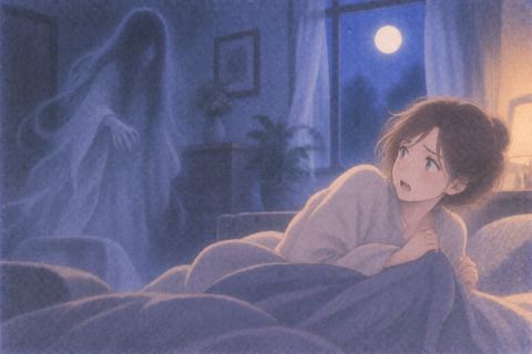 淡い幽霊の影に驚く女性