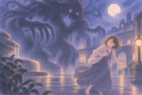 大きな怪物の影から離れる女性