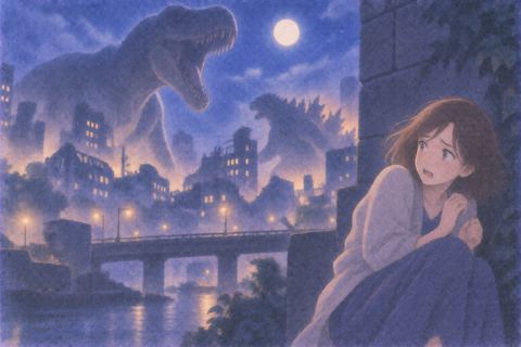 巨大な恐竜と怪獣から身を隠す女性
