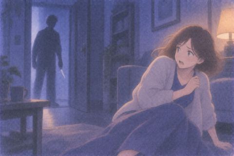 ナイフを持つ人影から距離を取る女性
