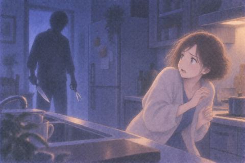 包丁とハサミを持つ人影を警戒する女性