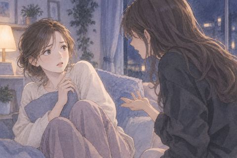 友達と向き合い距離を取る女性