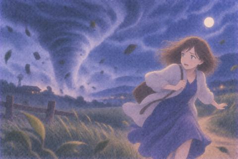 竜巻から離れようとする女性