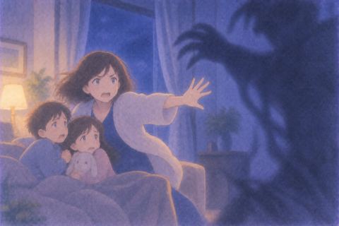 家族をかばおうと手を伸ばす女性