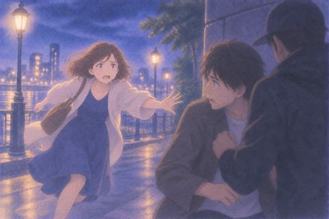 恋人を守ろうと駆け寄る女性