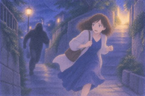 夜道で追跡者から逃げる女性