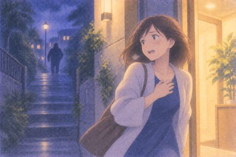 安全な場所にたどり着き安堵する女性
