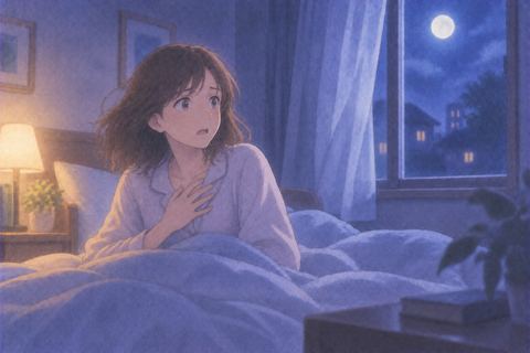 夜中に目覚めて夢の余韻を感じる女性