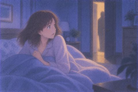寝室で物音に気づき身を起こす女性