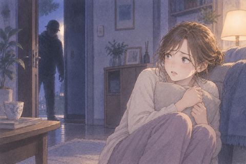 夜の家で侵入者から身を守る女性