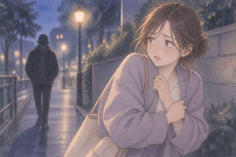 不審な人物を警戒して後ずさる女性