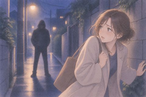 夜道で突然現れた人物に驚く女性