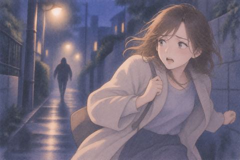 暗い道で迫る人影から逃げる女性