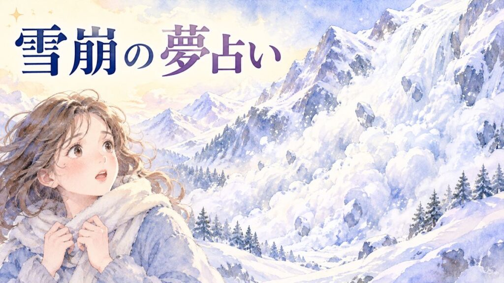 雪崩が起きる雪山を驚いた表情で見つめる大人の女性