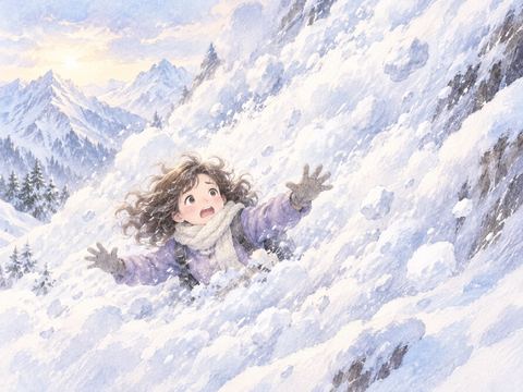 崩れ落ちる大量の雪に巻き込まれて驚く女性