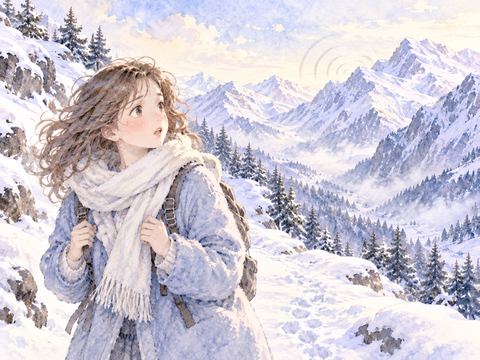 雪山の向こうから響く音に耳を澄ませる女性
