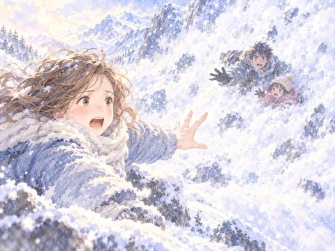 雪崩に巻き込まれた家族へ手を伸ばす女性