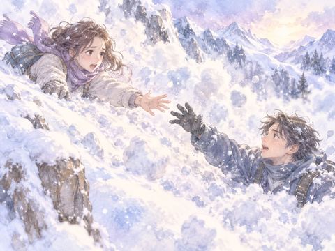 雪崩に巻き込まれる恋人へ手を伸ばす女性