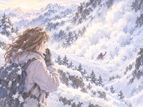 雪崩に巻き込まれた見知らぬ人を遠くから見守る女性
