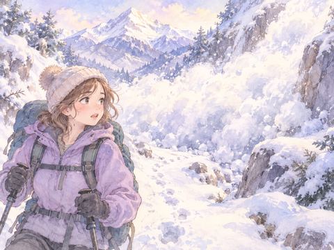 登山中に雪崩で山頂への道を阻まれる女性
