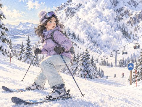 スキー場で雪崩に気づき滑るのをやめる女性