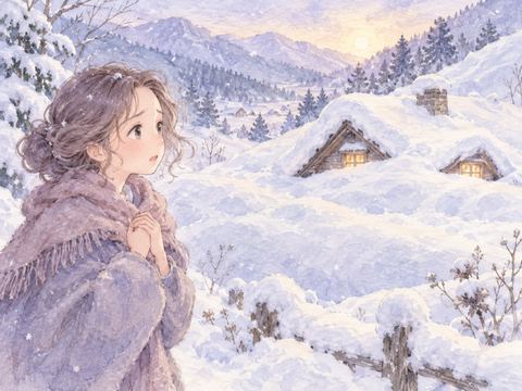 雪崩で屋根近くまで埋まった家を見つめる女性