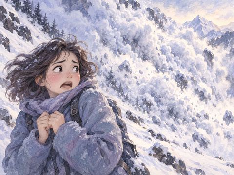 迫る雪崩を前に恐怖で立ちすくむ女性