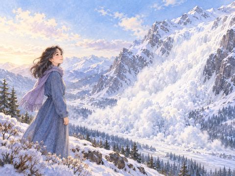 雪崩が起きる山を穏やかな表情で眺める女性