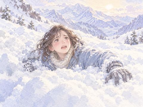 深い雪に体が埋まり助けを求める女性