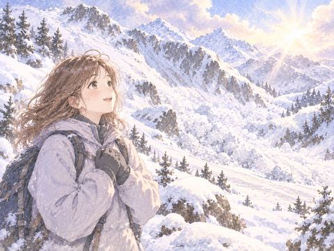 雪崩が静まった雪山で安心して空を見上げる女性
